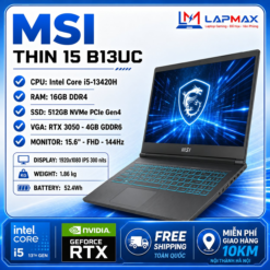 Bảng Thông Số Kỹ Thuật Thông số Chi tiết CPU Intel Core i5-13420H RAM 16GB DDR4 Ổ cứng 512GB NVMe PCIe Gen4 SSD Card đồ họa NVIDIA GeForce RTX 3050 4GB GDDR6 (TGP 45W) Màn hình 15.6" FHD (1920x1080) IPS 144Hz, 300 nits, 45% NTSC Pin 52.4 Wh Trọng lượng 1.86 kg Hệ điều hành Windows 11 Home