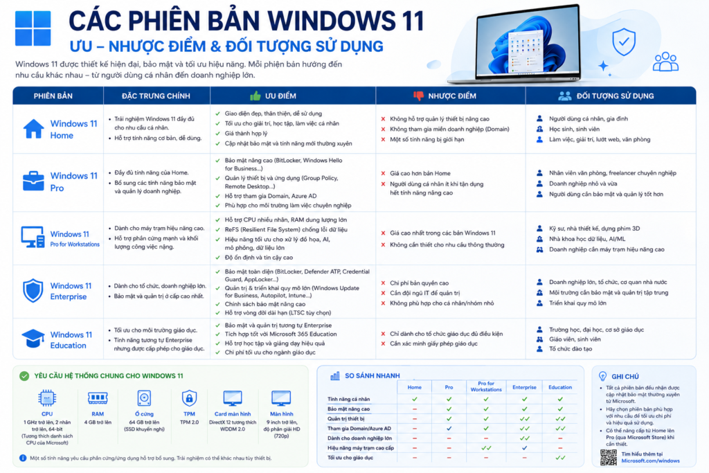 Các Phiên bản windows 11 - Ưu nhược điểm và đối tượng sử dụng