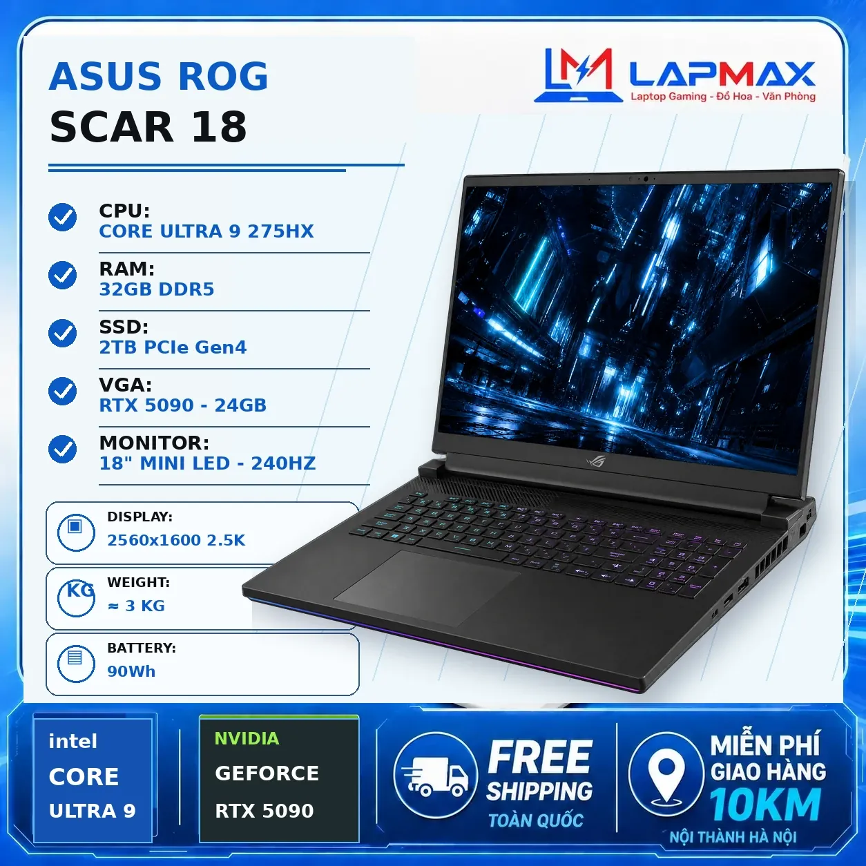 (LIKENEW) ASUS ROG Strix SCAR 18 2025 (U9 275HX | RAM 32GB | SSD 2TB | RTX 5090 24GB | Mini LED 240Hz)