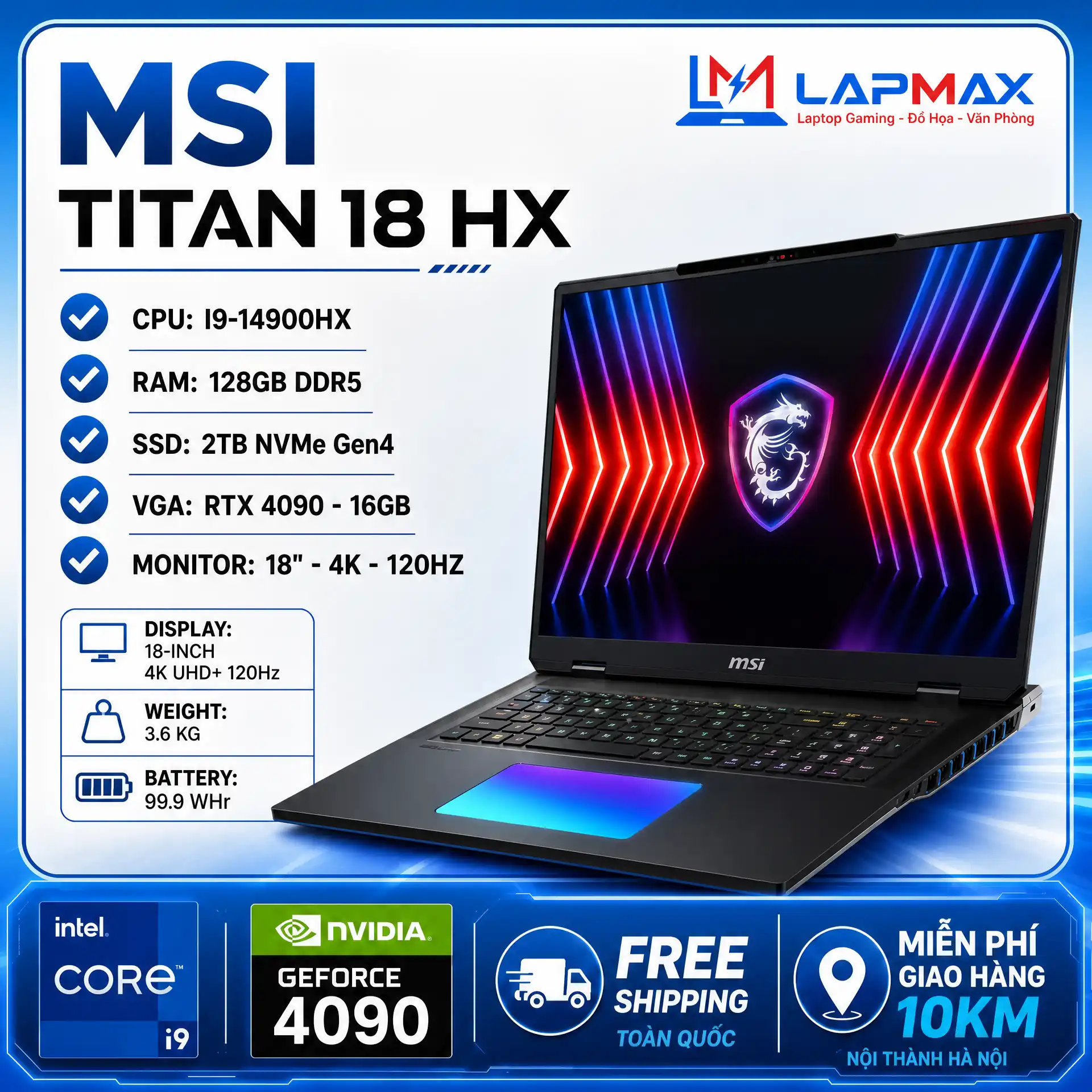 (LIKENEW) MSI TITAN 18 HX A14V (I9 14900HX | 128GB | 2TB | RTX 4090 16G | 4K MiniLED | 120Hz)