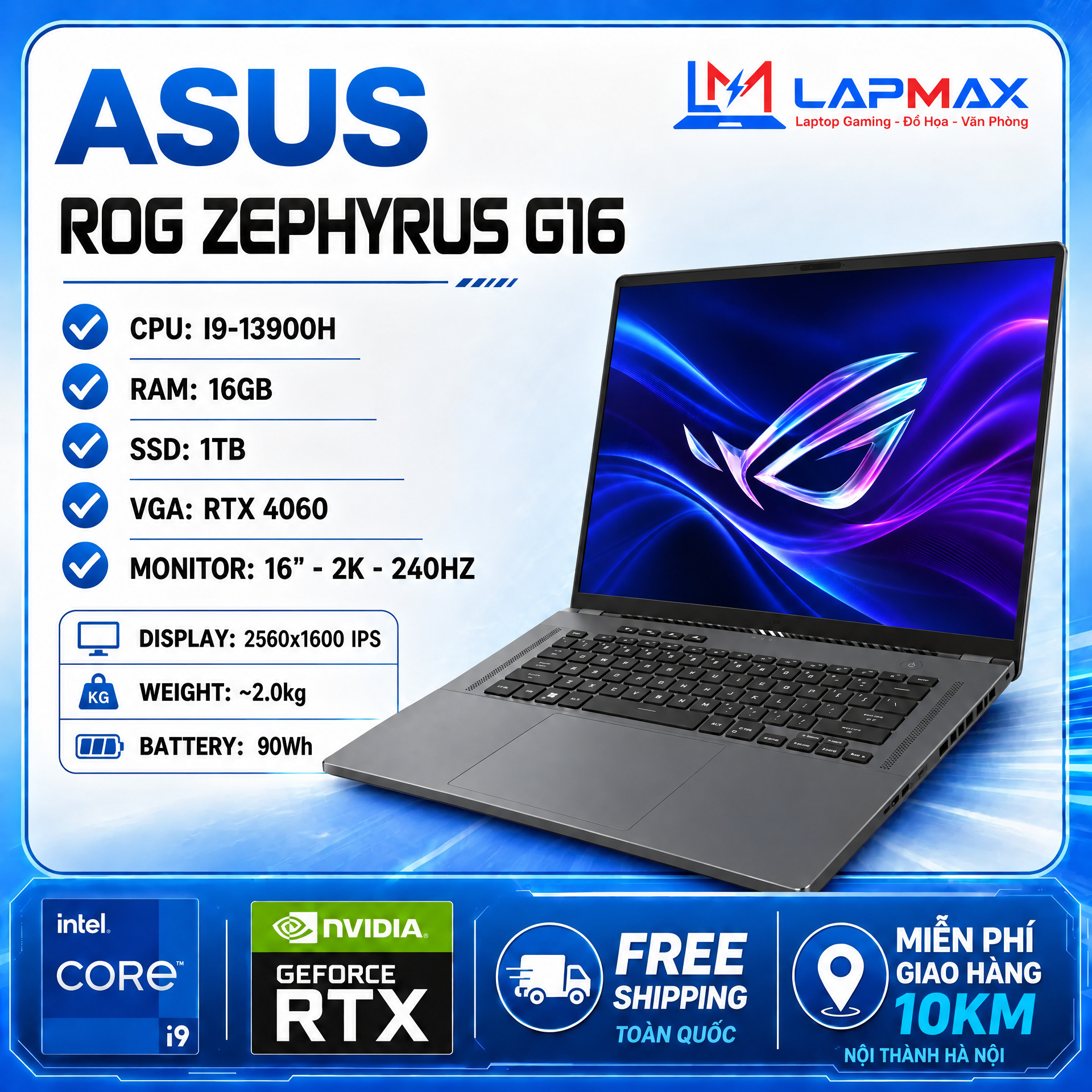 (LIKENEW) ASUS ROG ZEPHYRUS G16-2023 (CORE I9-13900H / RAM 16GB / SSD 1TB / RTX 4060 /2K 240HZ)
